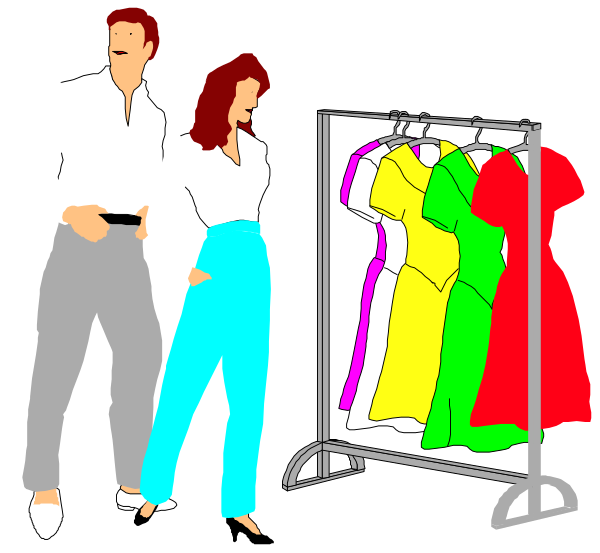 The illustration shows a man standing next to an open clothing rack displaying dresses of various styles; behind them is another person who appears to be observing the clothes on offer.