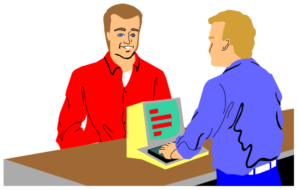 The illustration shows two men at a counter with an ATM machine between them; both wear red shirts but different hairstyles: one has short hair while the other is balding on top of his head, and he wears glasses.