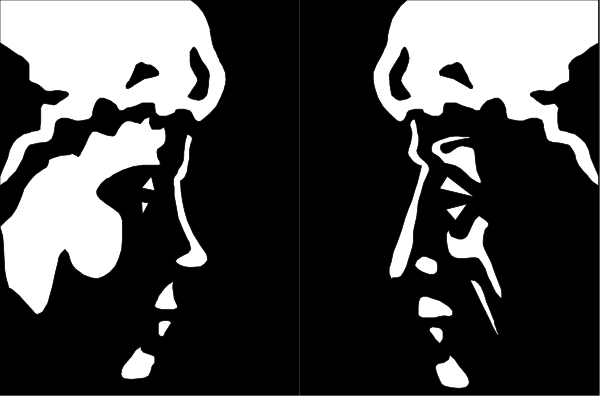 The black and white pixelated image shows two figures that appear to be a person's head with their hands covering it from both sides in front of what looks like another figure behind them; there is no text present, suggesting an abstract representation rather than depicting specific objects or actions within the context provided.