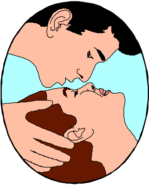 The image shows a cartoon of two characters sharing an intimate moment with their foreheads touching while standing close to each other against a blue background; there is no text present in this clip-art illustration.