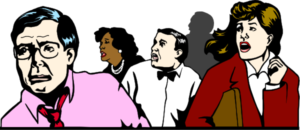 The image shows a black and white comic strip with four characters: three men standing on what appears to be an escalator in front of each other, one man sitting down behind them who is looking at his phone, another woman walking past from left side towards right side wearing glasses and carrying handbag, all set against the backdrop of a building.