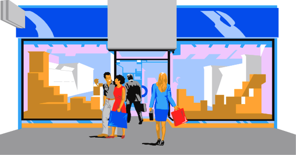 The image depicts a pixelated scene of an outdoor shopping area with two individuals walking by stores; there is no text present in this clip-art illustration.