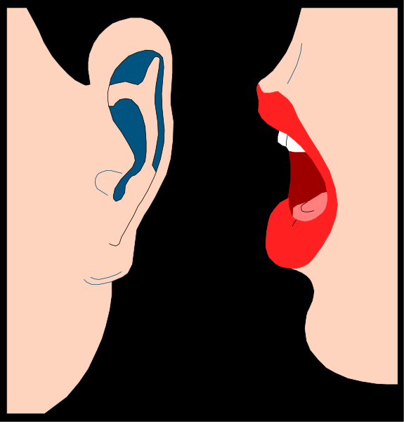 The image shows a split screen with two panels: on top, there's an illustration of a person speaking into another ear; below it is a close-up view where one can see inside that same ear and hear what sounds like "hello."