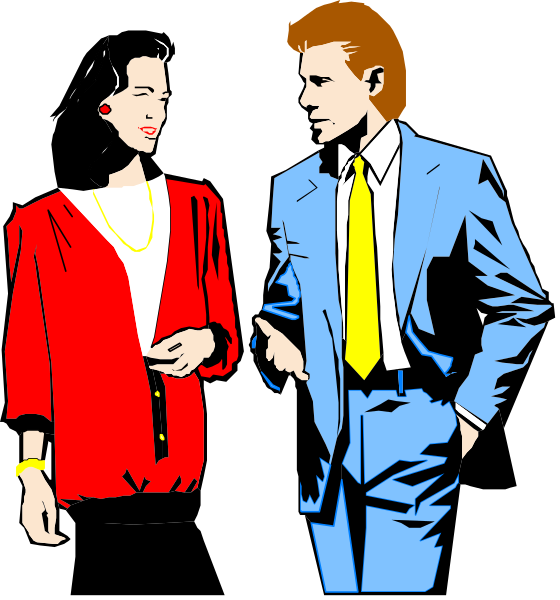 The image shows a man standing next to a woman with red hair; both characters appear to be engaged in conversation while dressed formally for an event.