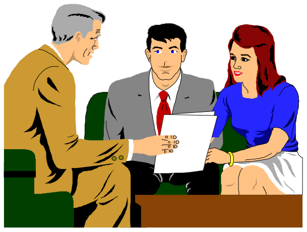 The illustration depicts a scene with three individuals: two men sitting on couches facing each other while holding papers; between them is an animated woman who appears to be presenting something as she holds up another paper, possibly in discussion mode. They seem engaged and focused on their conversation or presentation.