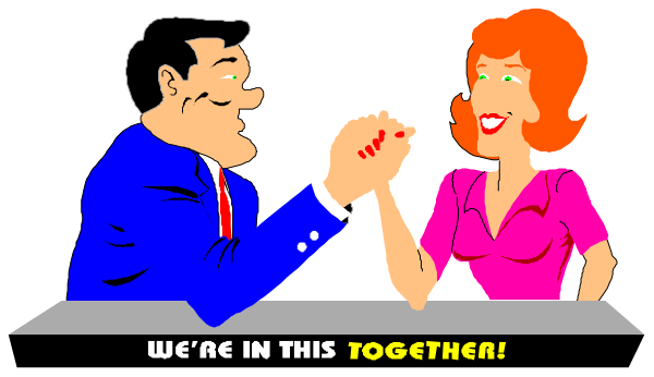 The image shows a cartoon of two animated characters on either side of a table with their hands together as if shaking over it; one character is male wearing glasses and has red hair while holding up his fist in greeting, and next to him stands another female figure who appears surprised or shocked at the gesture. They are both dressed formally for an event that seems important due to text on the image reading "WE'RE IN THIS TOGETHER." The background suggests a formal setting with tables set out as if it is ready for guests.