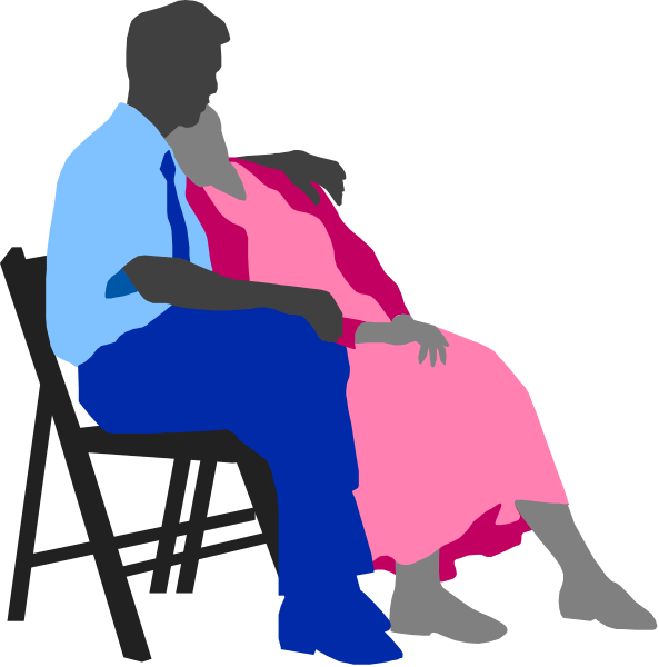 The image shows a sequence of three panels depicting two individuals sitting on chairs with their backs to each other; from left to right: in panel 1, one person is seated while another stands behind them holding an umbrella and looking down at something off-screen; in the middle panel, both people are now facing forward but still maintaining a back view of themselves as they sit together on chairs with their backs turned towards each other; in the rightmost panel, only the standing figure remains visible from the previous panels. The setting is indoors and appears to be an interior space due