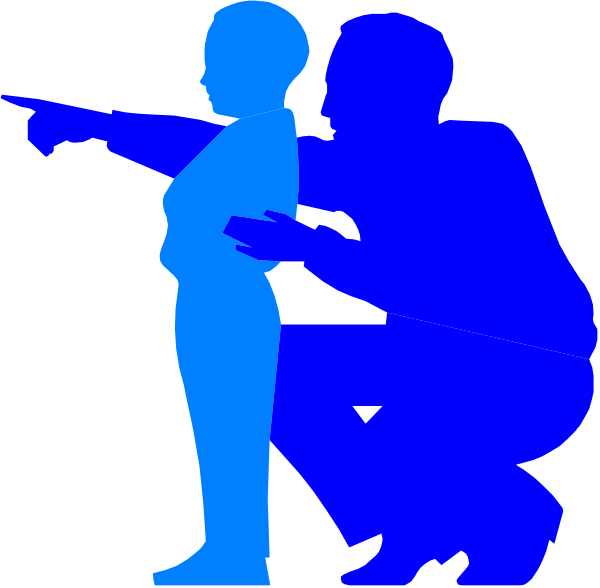 The image shows a silhouette of an adult pointing to something with their right hand while standing behind another figure who appears to be looking up at them from below.