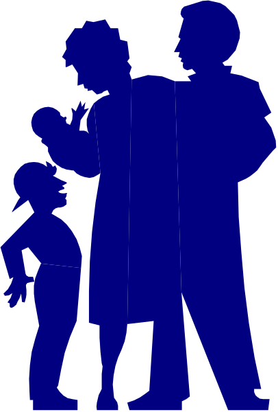 The image shows a black silhouette of three figures: an adult couple standing side by side with their backs to each other facing forward; between them is another figure that appears smaller in size compared to both adults, suggesting it could be a child. They seem to be engaged in conversation or interaction as they stand close together against what looks like the backdrop of a building facade. The style suggests this might have been used for an educational purpose due to its simplicity and lack of detail beyond basic human shapes and outlines.