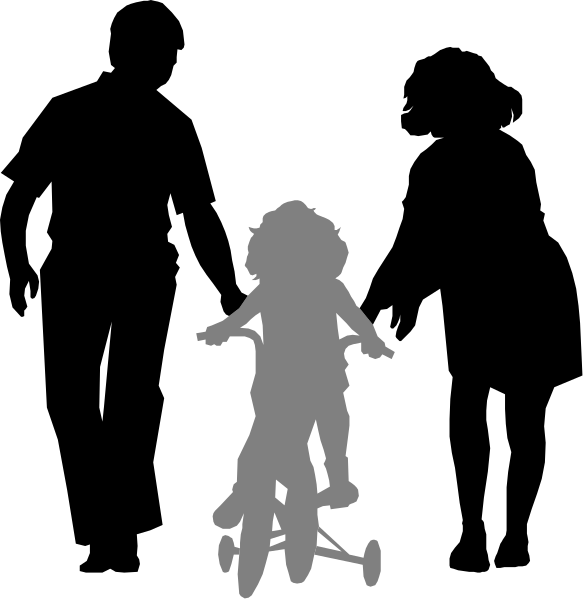 The black silhouette of a child riding on top of an adult's back while both ride bicycles against a dark background with no other distinguishable features visible in this small clip-art image.