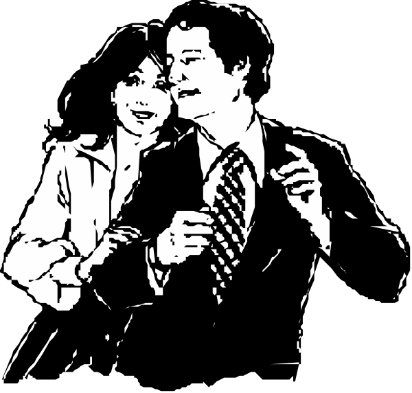 The black and white illustration shows a man dancing with two women; he is wearing a suit while holding hands with both ladies who appear to be in mid-dance pose as well.