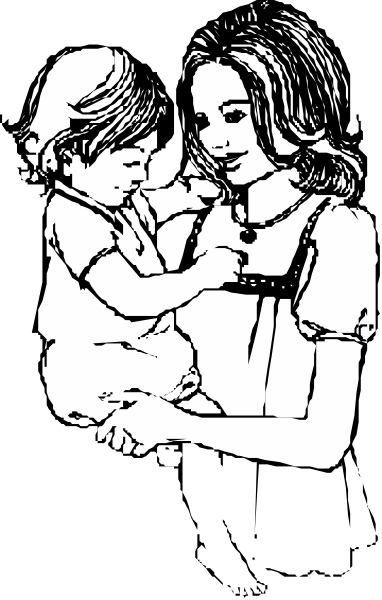 The black and white illustration shows a woman holding an infant while standing next to another person who is also wearing glasses; both individuals appear to be indoors with one of them having their back turned towards us, facing away from the viewer's perspective.