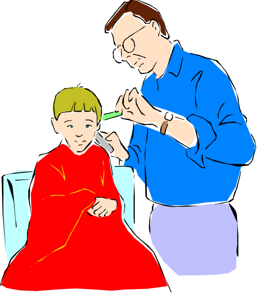 The illustration shows a man cutting hair to another person who appears to be sitting down with their back facing us; both individuals seem focused on something happening outside of this frame.