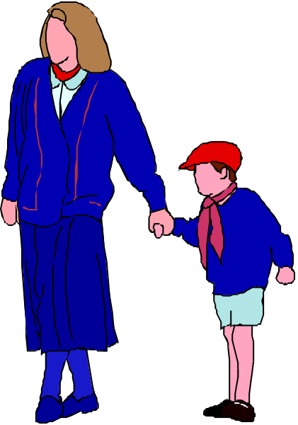 The image shows a woman holding hands with a child while walking on an unseen surface; both individuals appear to be wearing blue jackets over red shirts, suggesting it might represent winter clothing in colder climates.