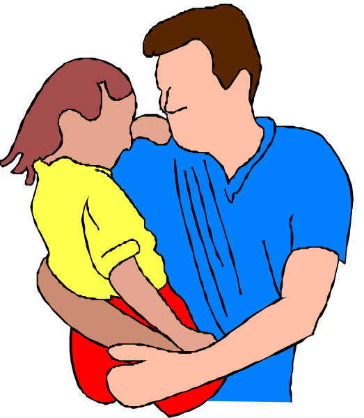The image shows a man holding an infant girl with brown hair; both have their backs to each other while standing outdoors during daylight hours under clear skies.