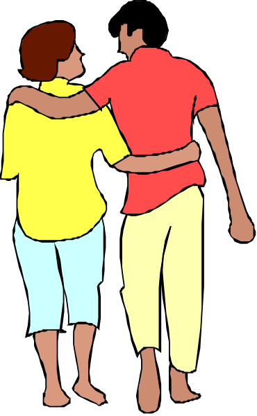 The image shows a man and woman standing close together with their arms around each other; both individuals appear to be smiling at something off-frame. They seem happy in this moment captured within the frame of an illustration, which is set against a plain background that transitions from white on top left corner to black as it moves towards bottom right corner.