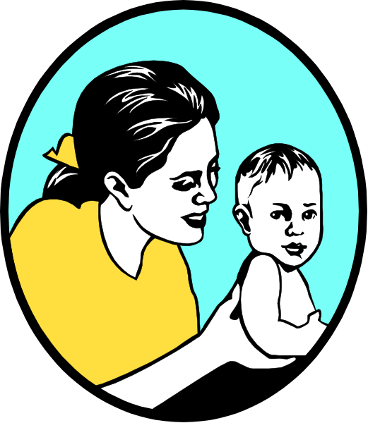 The image shows a woman holding an infant while looking at it with affectionate eyes; she is wearing yellow clothing against a blue background that has white text on top left corner of the frame.