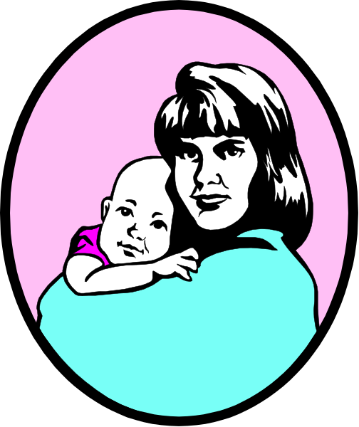 The image shows a cartoon of an adult woman holding a baby with pink hair inside what appears to be a stylized oval frame resembling a portrait on display.