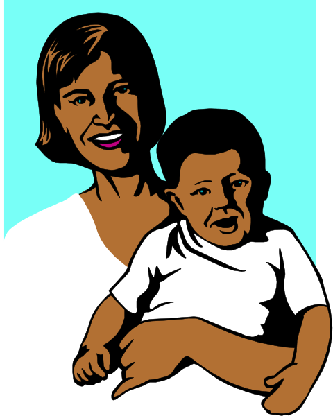 The image shows a woman holding an infant while sitting down; both have dark hair and appear to be smiling at something off-camera.