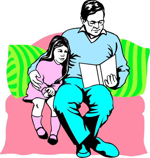 The illustration shows a man sitting on a couch with his daughter who's holding onto him while he reads to her from an open book in their hands.