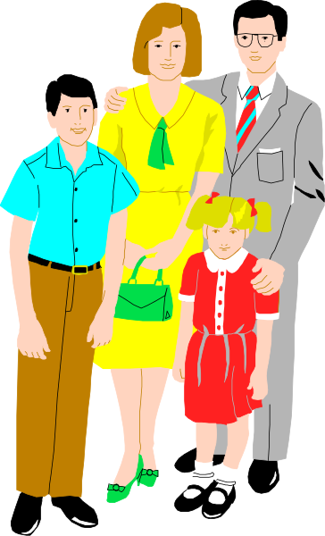 The illustration shows a family of four standing together; an adult couple with their two children posing for what appears to be a portrait photo against a plain background.