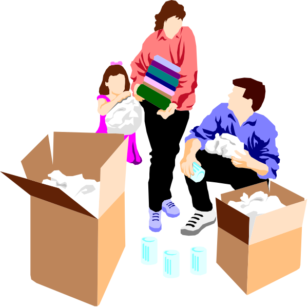 The illustration depicts a family of three standing around boxes filled with items that appear to be household goods such as bottles, shoes, clothes, books, toys, etc., suggesting an activity like packing for moving or organizing belongings in preparation for storage or donating them away.