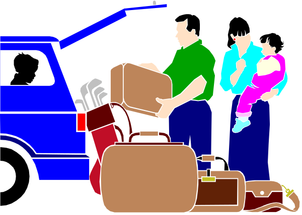 The image depicts a family of four with luggage preparing to load their car for travel; there is an adult male standing next to two suitcases on wheels in front of them while holding another piece of luggage, and behind him stands his wife who holds her child's hand as they look at the camera.