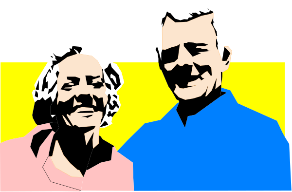 The image shows a man standing next to an older woman; both individuals appear happy with smiles on their faces. They seem to be in front of some sort of backdrop that has yellow stripes at the bottom, but it's not clear what is behind them due to its simplicity and lack of detail.