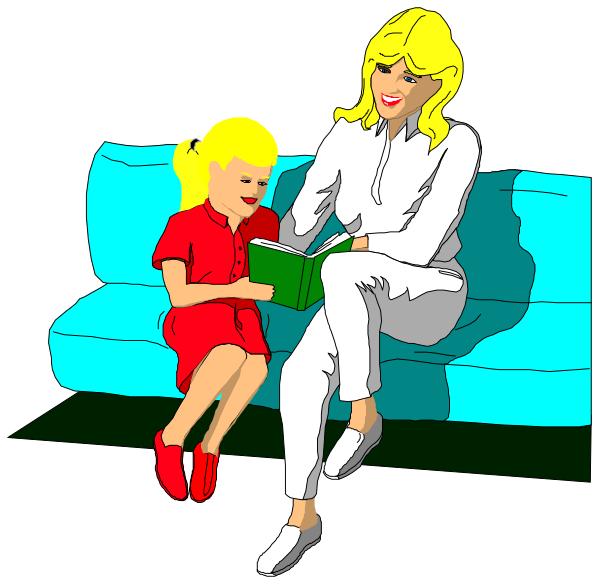 The image shows a woman sitting on a couch with her daughter who has blonde hair; both of them appear to be reading from an open book in their hands.