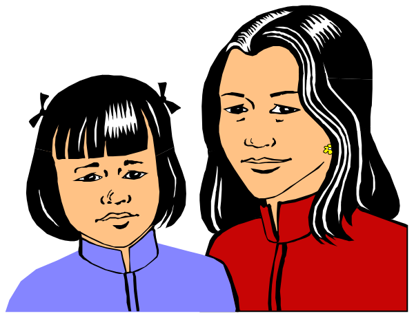 The image shows a cartoon of two animated characters: an adult woman with long hair wearing red clothing on her left side, standing next to a child who appears younger than 10 years old, both facing forward and looking directly at each other against what seems like a dark background that could be interpreted as night or shadow. The style is simple line drawing typical of clip-art illustrations used in various media for educational purposes or decoration. There are no texts present on the image itself to provide additional context about their relationship, setting, or any actions they might be performing.