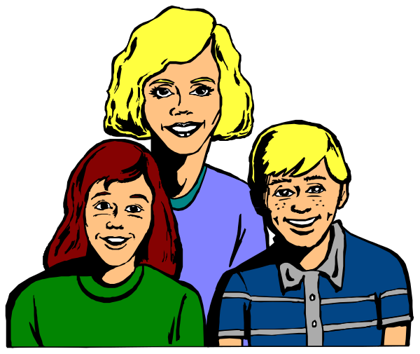 The image shows a cartoon of four individuals - an adult woman with blonde hair on her left side, two children in front of her who appear to be boys wearing striped shirts, one boy is smiling and looking at something off-camera while the other has his head turned towards us; behind them stands another child whose back is facing forward. They are all depicted against a dark background with no additional details about their surroundings or actions visible in this small clip art image.