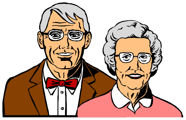 The image shows a black and white illustration of two individuals who appear to be an older couple with glasses; both have gray hair and one is wearing a bow tie while standing next to each other against what seems like a dark background, possibly indicating that this could represent a memory or nostalgia theme.
