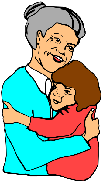 The illustration shows a woman hugging another person who appears to be an older child; both individuals have their heads turned towards each other in what seems like affectionate interaction within a domestic interior with no distinct features visible beyond this intimate moment between them, and there is text at bottom right corner of the image.