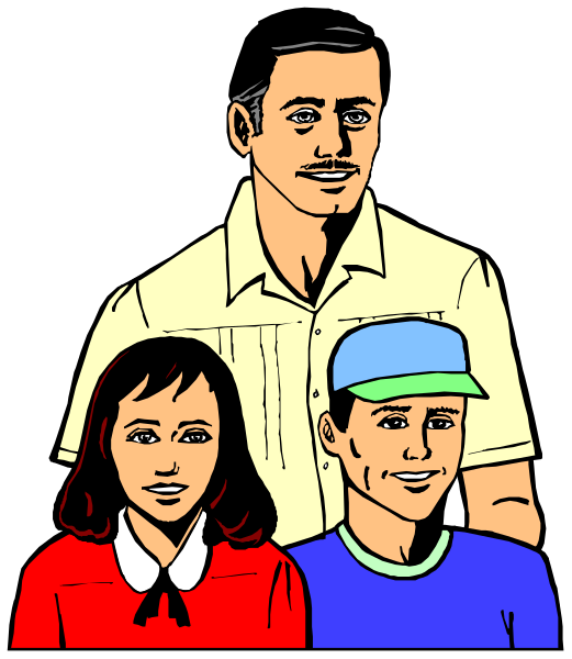 The illustration shows a family of three: an adult man standing behind two children who appear to be posing for the photo with smiles on their faces; all characters have exaggerated facial features typical in clip-art images, and there is no background detail provided beyond what can be seen within this frame.