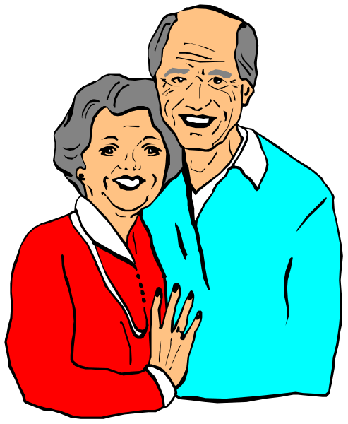 The illustration shows an older couple standing close together with a warm smile on their faces; both individuals appear to be middle-aged adults wearing casual clothing in shades of reds, blues, whites, blacks, and grayscale tones against a plain background that does not provide any additional context or setting.
