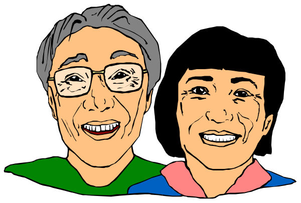 The image shows a black and white illustration of three individuals with smiling faces; two appear to be older adults wearing glasses while one is younger looking person in front of them both. They seem happy and contented, possibly suggesting family members sharing an affectionate moment together.