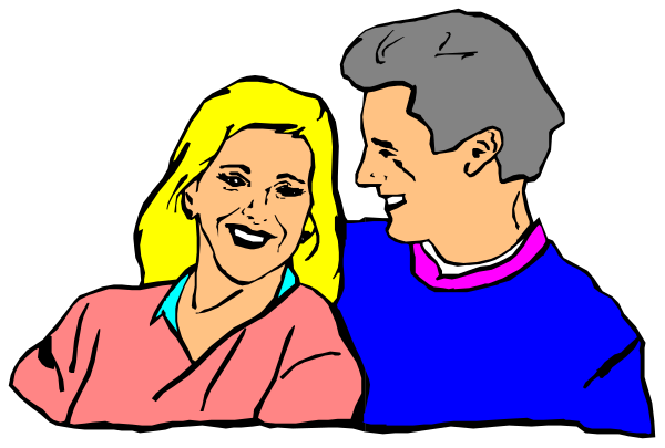 The image shows a colorful cartoon of two animated characters who appear to be an older couple sharing a moment together; both have blonde hair with one character wearing blue clothing while standing behind another in pink attire, suggesting affection and companionship between them against a dark background that provides contrast for their vibrant outfits.