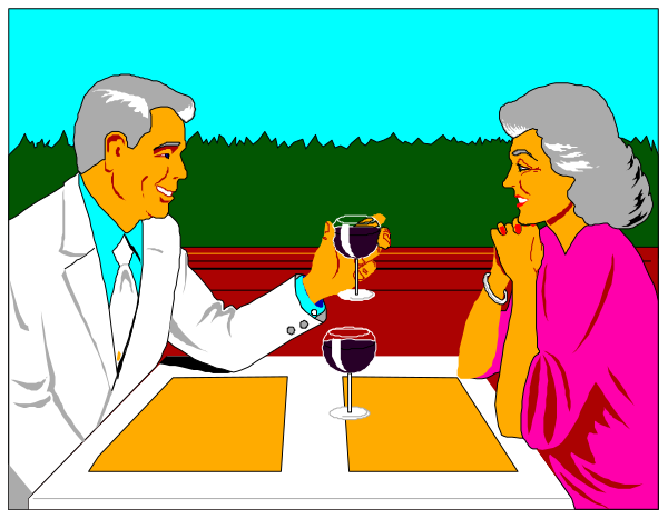 The image shows a man and woman sitting at a table with wine glasses raised to their lips; both characters appear surprised as if reacting to something unexpected happening off-screen.
