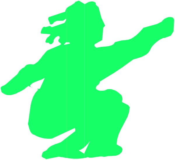 The image shows a green silhouette of an action figure with its arms outstretched against a black background.