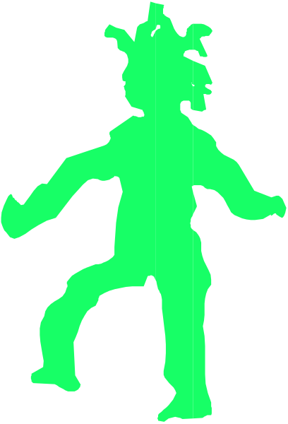 The image shows a black silhouette of an animated character dancing against a white background with stripes on either side.