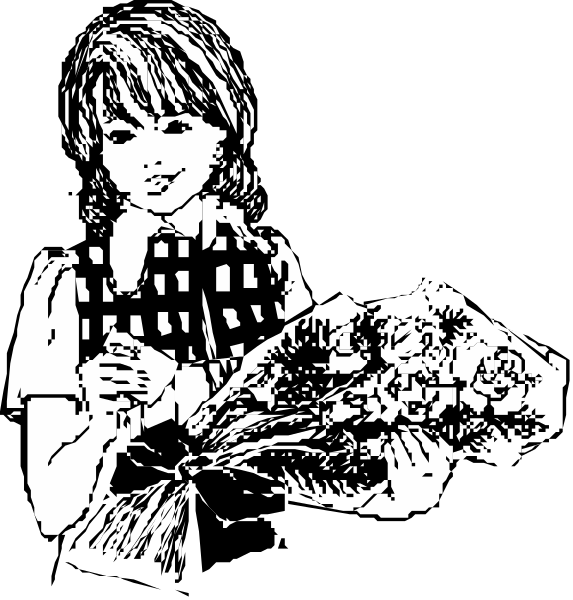 The images show a black and white illustration of two different scenes featuring an animated girl character:

1) In this scene, she is holding flowers in her hands while standing outdoors during daylight hours with trees visible behind her; there's no text present on either image to provide additional context.