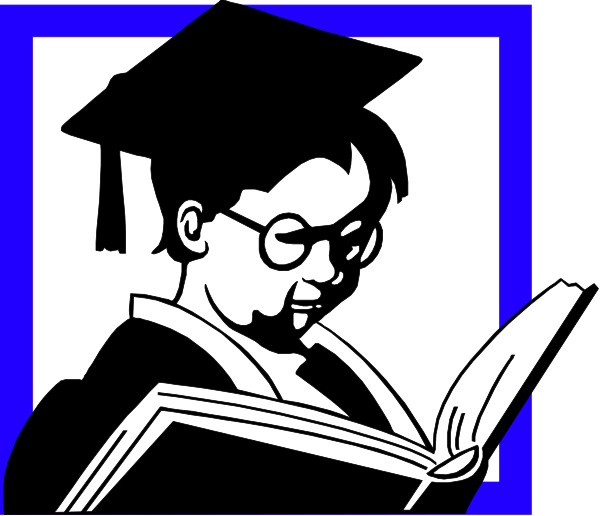 The black and white illustration shows a person reading from an open book with glasses on their face; it is set against a dark background that has blue highlights at top left corner of image.