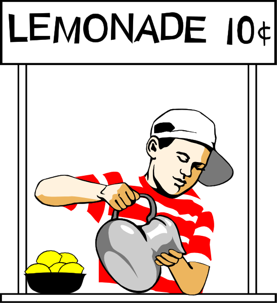 The illustration shows a cartoon of an individual pouring lemonade into a pitcher with text that reads "LEMONADE 10¢" in bold letters above them. They appear to be standing behind a counter, and there's another figure holding what looks like a tray or serving dish on the right side of the image. The setting suggests an outdoor food stall environment. There is also some text at the bottom that says "COPYWRITTED" in small letters with a copyright symbol next to it.