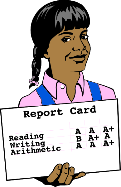 The image shows a cartoon of an adult woman holding up a report card with grades for reading (A+), writing (+), arithmetic (-). She is standing in front of her name on it: "Report Card".