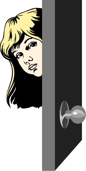 The image shows a person peeking out from behind an open door with their face obscured by shadows on either side of them; there is no text present in this small clip-art illustration.