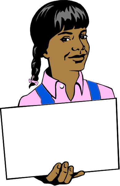 The image shows a cartoon of an animated character holding up a blank sign with both hands while standing against a dark background; there is no text on the sign.