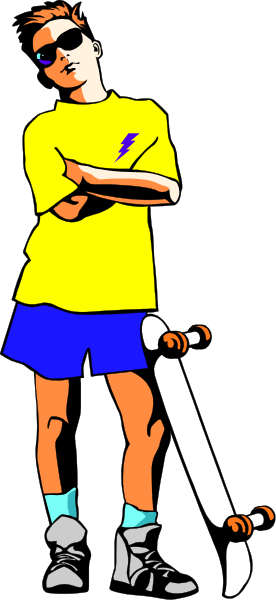 The image shows a cartoon of an animated boy with sunglasses standing on his skateboard against a dark background.