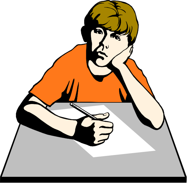The image shows a cartoon of two students sitting at desks with papers; both have pens in their hands but only one is actively writing on paper while looking downward.