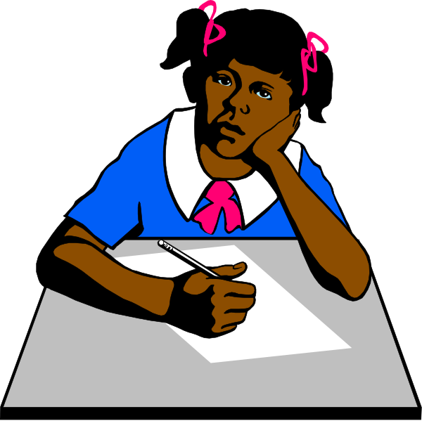 The image shows a cartoon of an African American girl sitting at her desk with paperwork on it; she is wearing glasses and has pigtails in pink hair clips. She appears to be looking down, possibly reading something from one piece of paper while another rests beside it.
