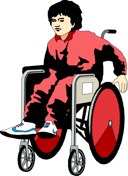 The image shows a cartoon of an individual sitting on a wheelchair with red wheels against a black background.